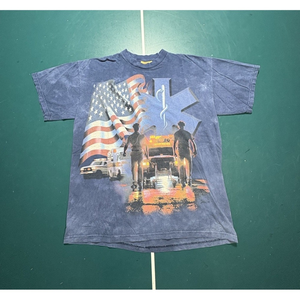 Vintage The Mountain EMS Fire Fighter Acid Wash T Shirt Size Medium USA Flag